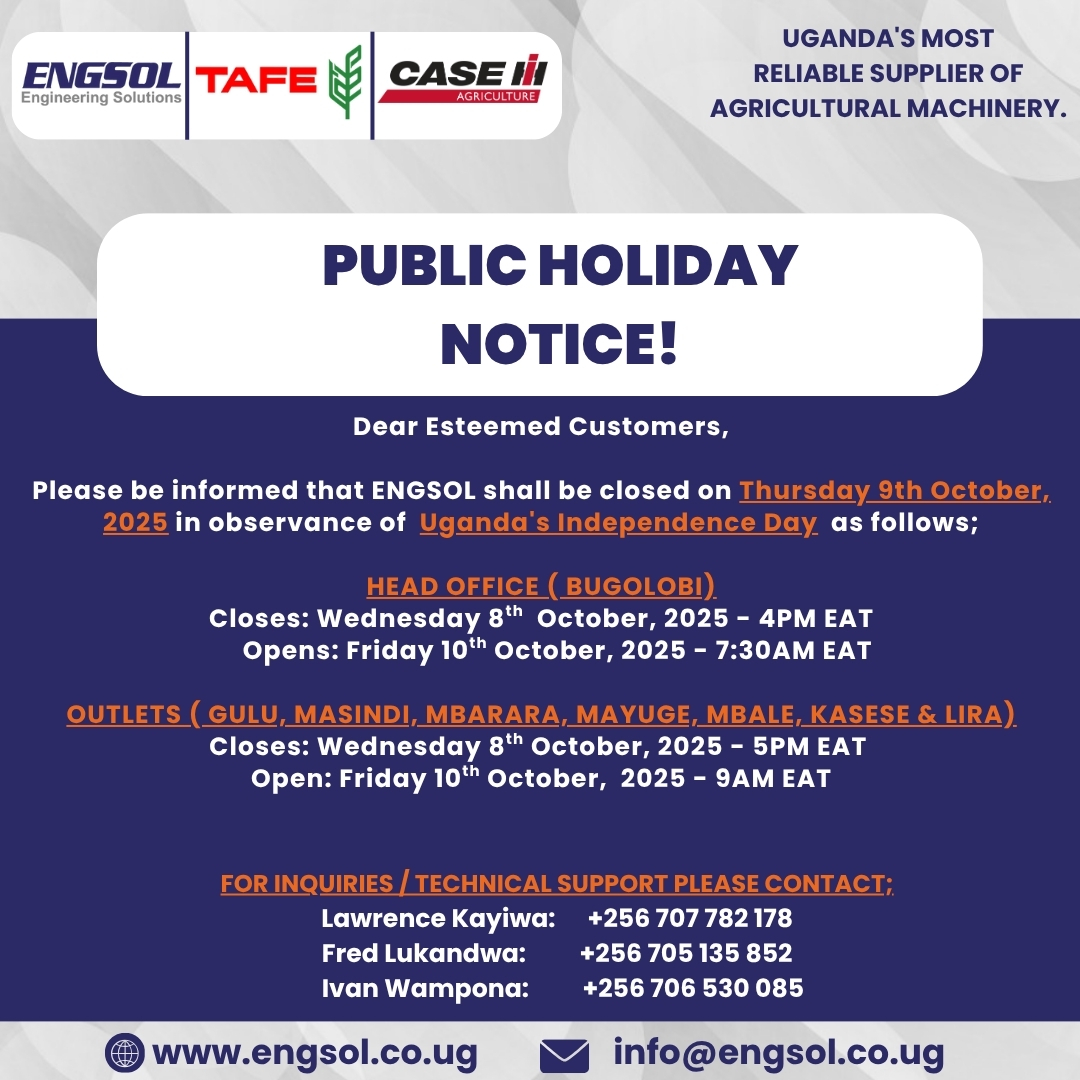 📢 𝐏𝐔𝐁𝐋𝐈𝐂 𝐇𝐎𝐋𝐈𝐃𝐀𝐘 𝐍𝐎𝐓𝐈𝐂𝐄! 📢

To all our esteemed customers, valued service providers, and the wider community.

Enjoy this well-deserved break!
#EngsolUganda #PublicHoliday #Ugandaat63 #independenceday2025