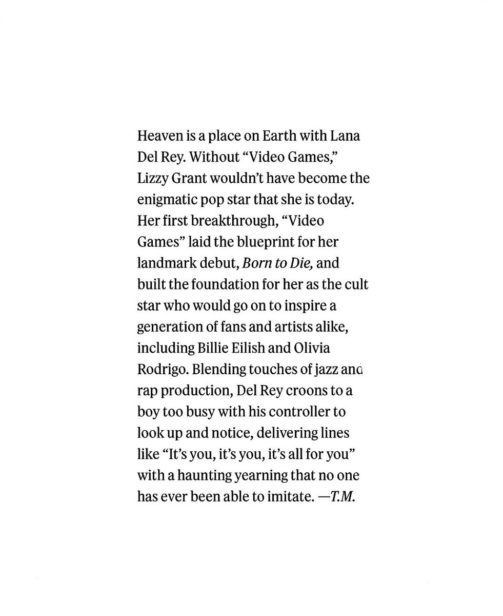 ldr_anthem's tweet image. Rolling Stone has unveiled its list of The 250 Greatest Songs of the 21st Century, celebrating musical milestones from the past 25 years. Lana Del Rey’s iconic “Video Games” earns a rightful place at #97, reaffirming its cultural and artistic impact since its release in 2011 ✨
