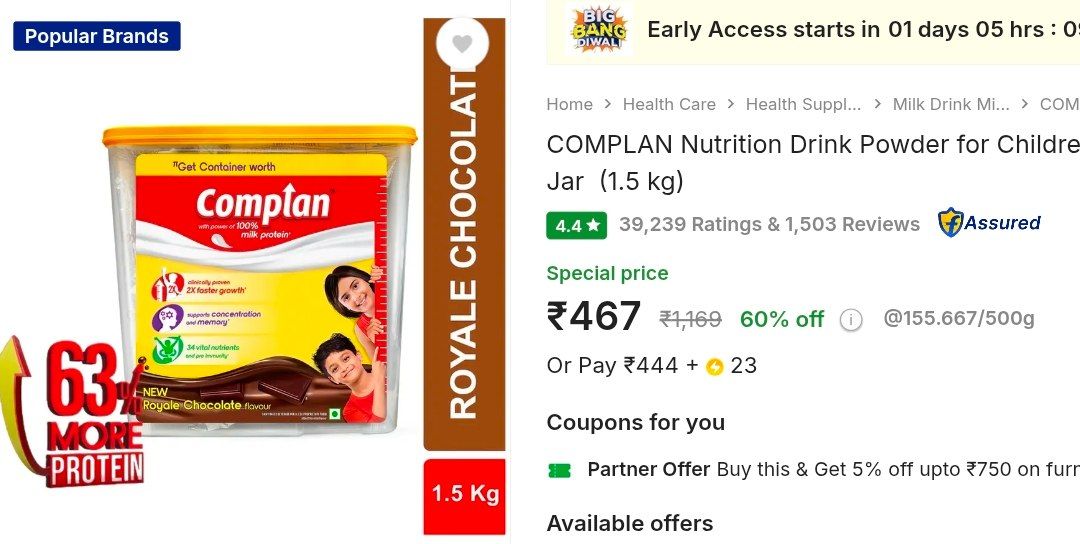 offerguruji's tweet image. 60% Off: Complan Nutrition Drink Powder for Children, Royale Chocolate Flavour, 1.5KG @ ₹467

Buy👉 fktr.in/BtYE8Ws

#nutritiondrink #complan #kidshealth #GOLD #FlipkartDeals #IndianAirForceDay