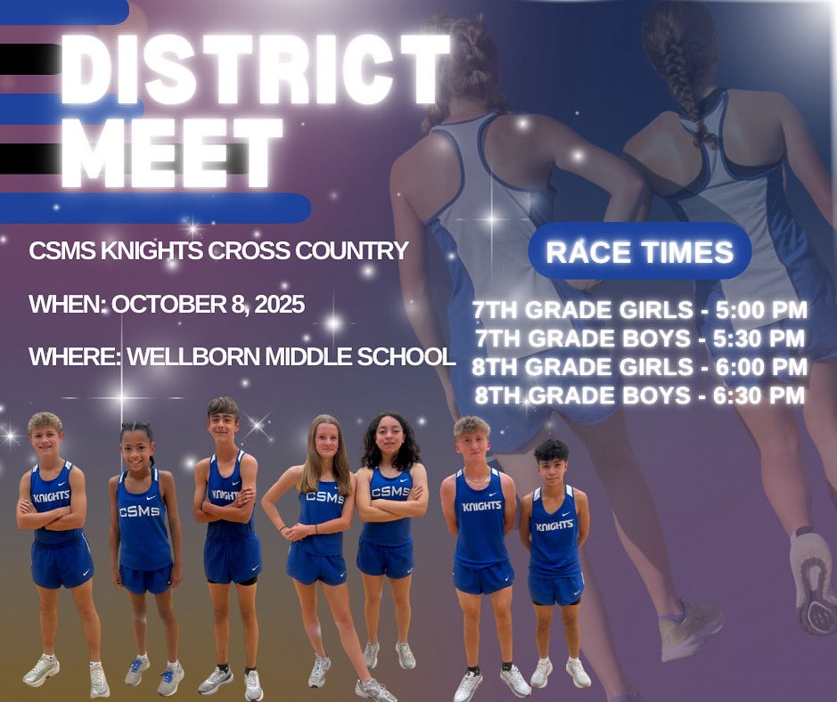 CSMSGA's tweet image. District Day!! Come out and cheer your Knights on as they compete in their final meet of the season! See you at Wellborn Middle School!