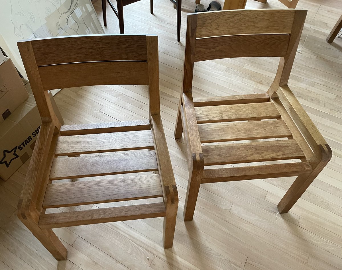 jonburkeUK's tweet image. Feeling pretty pleased at cleaning, wet &amp;amp; dry sanding, and oiling two chipped and paint/nail varnish spattered solid oak Habitat Radius chairs I picked up on EBay. #reducereuserecycle