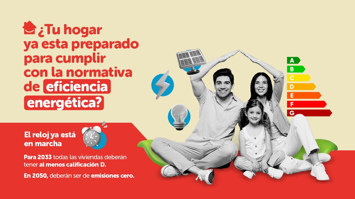 El reloj ya está en marcha: 
• Para 2033 todas las viviendas deberán tener al menos calificación D. 
• En 2050, deberán ser de emisiones cero.  Europa ha marcado la hoja de ruta y España debe acelerar la rehabilitación de sus hogares.  
📊 Más del 87% de las viviendas en España