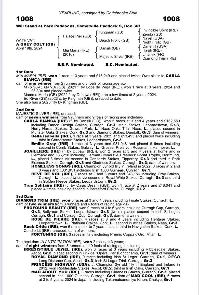 Lot 1008 <a href="/Tattersalls1766/">Tattersalls</a> Book 2 is a colt by exciting first season sire <a href="/DarleyEurope/">Darley in Europe</a> Palace Pier ex Mia Maria (rated 93), a winning full sister to Carla Bianca &amp; also now the dam of the 2 winners from 2 runners - Mamma Maria now a winner &amp; Mystical Maria now 2 wins.