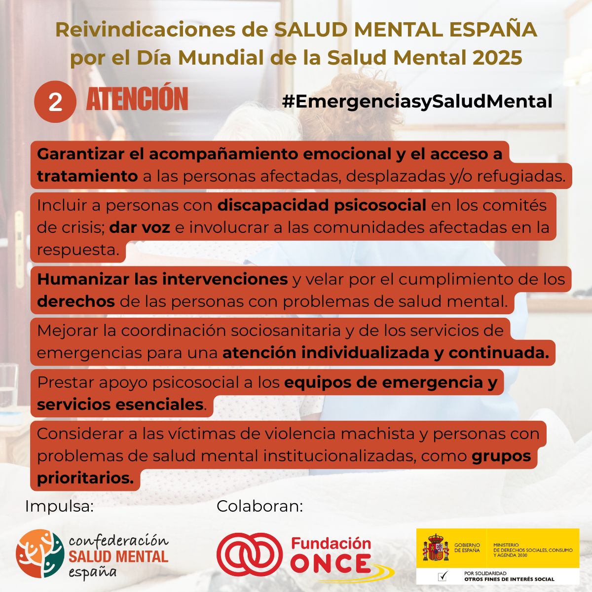 AtafesTalavera's tweet photo. #SaludMentalEspaña demanda a los poderes políticos, instituciones y Administraciones públicas medidas para prevenir, paliar y contrarrestar el impacto negativo de las emergencias sociales en la #SaludMental de la población #EmergenciasySaludMental #DíaMundialdelaSaludMental https://t.co/2uYONJelNp