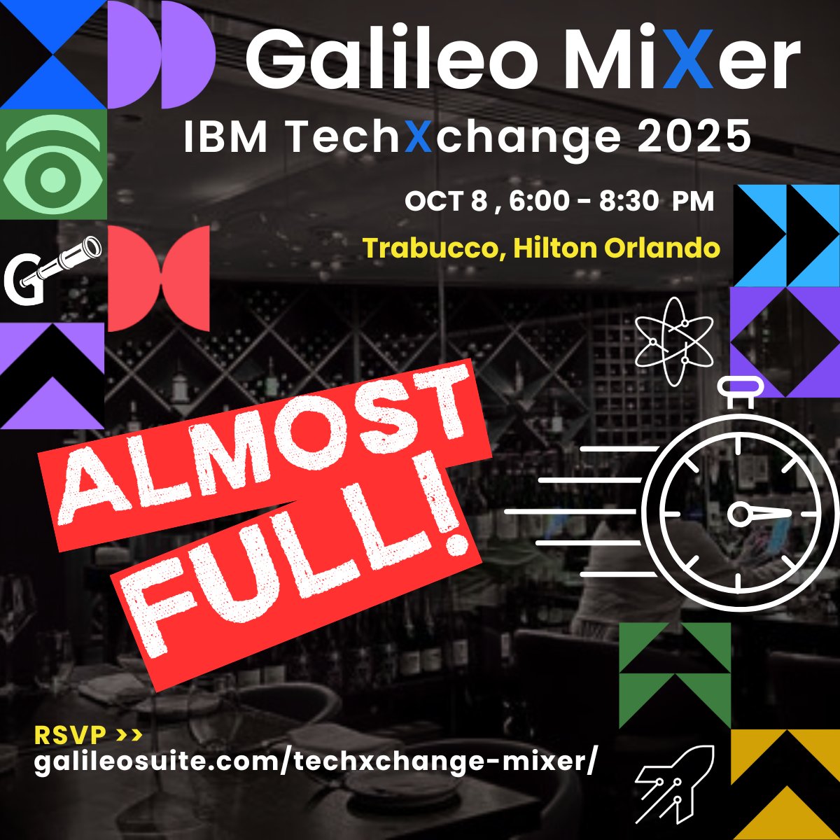 GalileoPE's tweet image. 🎉 #Galileo #TechXchange Mixer, Oct 8 | 6–8:30 PM @ Trabucco Lounge, Hilton Orlando. Network with peers &amp;amp; problem solvers — RSVP now before it&apos;s too late!
links.galileosuite.com/4nHL6x4
#TechXchange2025 #IBMSystems