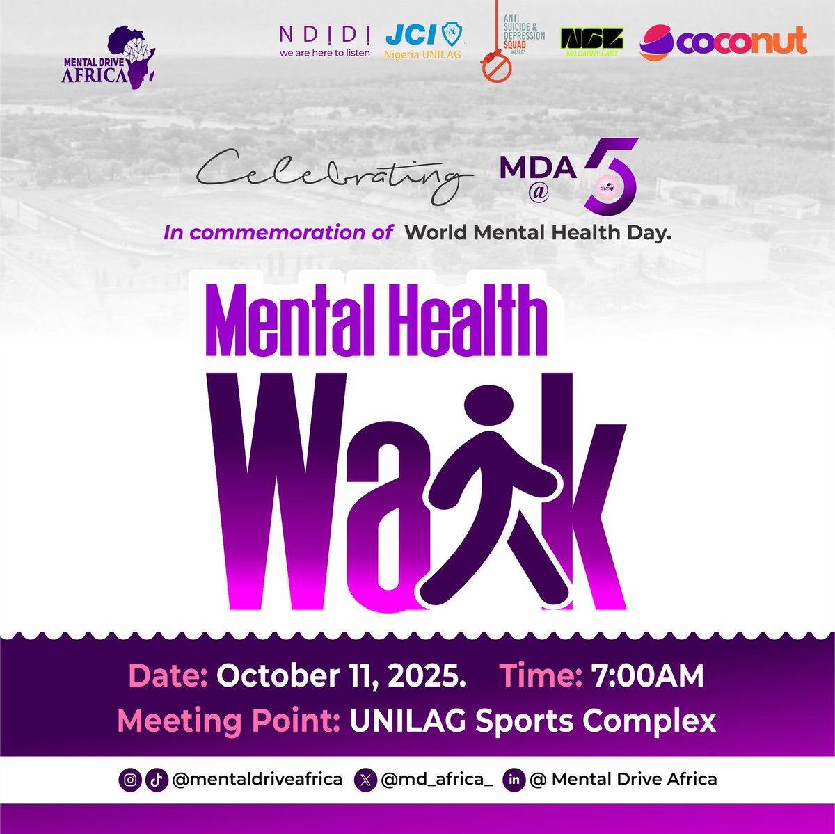 md_africa_'s tweet photo. We're walking for our MENTAL HEALTH!!⚡🥳
As part of our 5 for 5 anniversary celebrations, and in commemoration of this year's World Mental Health Day, we're excited to announce our mental health walk coming up this Saturday, 11th of October, 2025!🌟
#mentalhealthwalk #MDAat5 https://t.co/dsPdK6vq0T