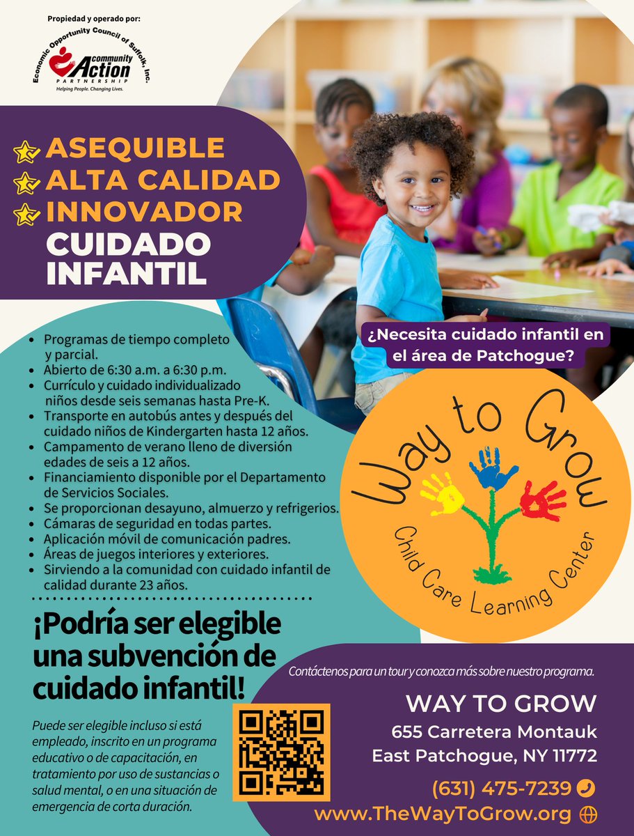 EOCSuffolk's tweet image. 🌟 Looking for quality child care this school year? 🌟 Check out Way to Grow Child Care Learning Center in E. Patchogue! 📞 Go to TheWayToGrow.org or contact us today at 631-475-7239 to learn more and enroll! 🌟 #ChildCare #WayToGrow #CommunityAction #EOCSuffolk #DoGood