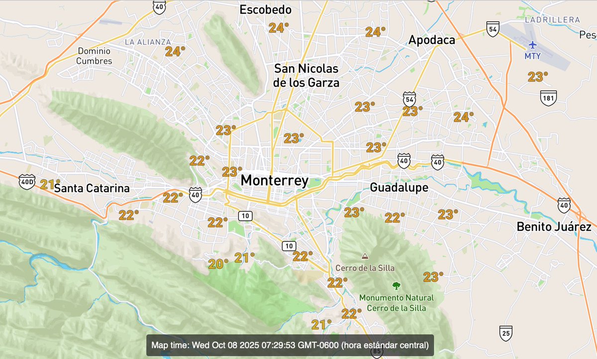 MauroMoralesMtz's tweet photo. Temperaturas de 20˚ a 24˚ al amanecer en la zona metropolitana de #Monterrey. El cielo está nublado y la calidad del aire es #Buena. Hoy se espera una máxima de 27˚ con probabilidad de #lluvia al medio día, por la tarde y por la noche. https://t.co/kw47tezNuu