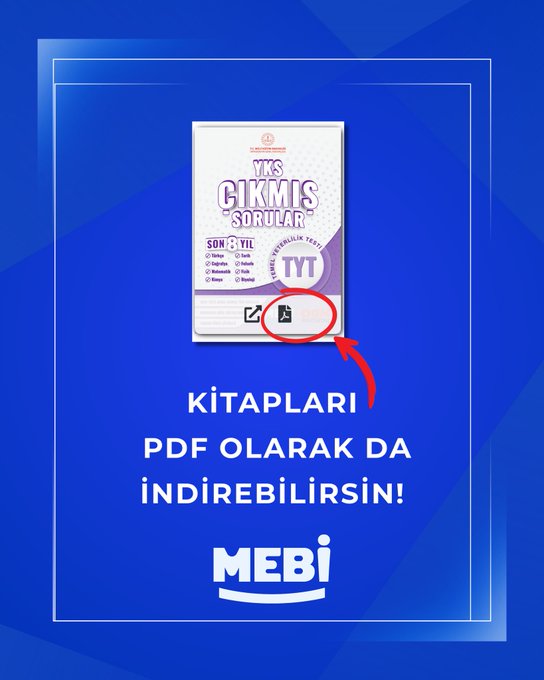 First image shows a woman in a library setting holding a tablet with books stacked nearby and coffee mug, surrounded by covers of YKS exam books in colors like purple green and blue labeled TYT AYT and YDT from MEBI. Second image displays a white book cover titled YKS Cikmis Sorular with sections SBT TYT and AYT, highlighted section with arrow, and text indicating PDF downloads available on MEBI platform.