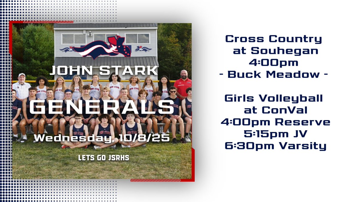 Best of luck to our Generals hitting the road this Wednesday! 

🏃‍♂️🏃‍♀️ Cross Country is headed to Souhegan (Buck Meadow) for a big meet, while
🏐 Girls Volleyball travels to Peterborough to face the ConVal Cougars on their home court.

Let’s go, Generals!