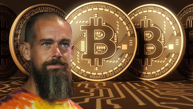 A bald man with a beard wearing an orange shirt stands in front of several large golden Bitcoin symbols arranged in a row on a dark background with subtle grid lines.
