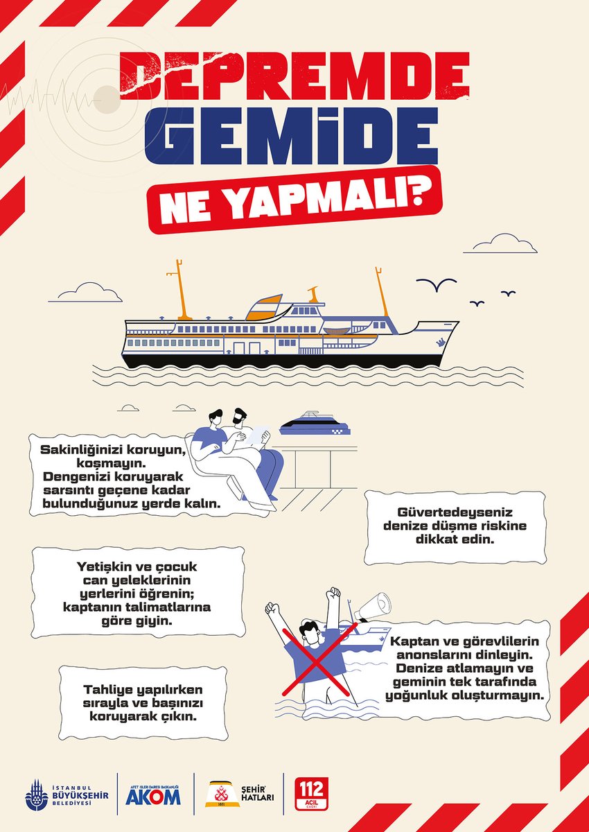 Afet İşleri Dairesi Başkanlığı olarak, toplu taşıma araçlarında deprem anında nasıl doğru davranılması gerektiğini anlatan bilgilendirici afişlerimizi metro, metrobüs, otobüs, iskele ve gemilerde yolcularımızla paylaştık. Depreme her an, her yerde hazırlıklı olmak mümkün!