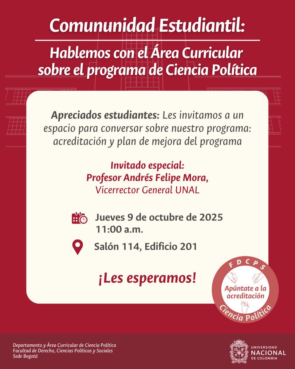Mañana tendremos la oportunidad de hablar con el
Profesor Andrés Felipe Mora sobre nuestro proceso de reacreditación de la carrera de Ciencia Política. Esperamos a todos los estudiantes en este encuentro !