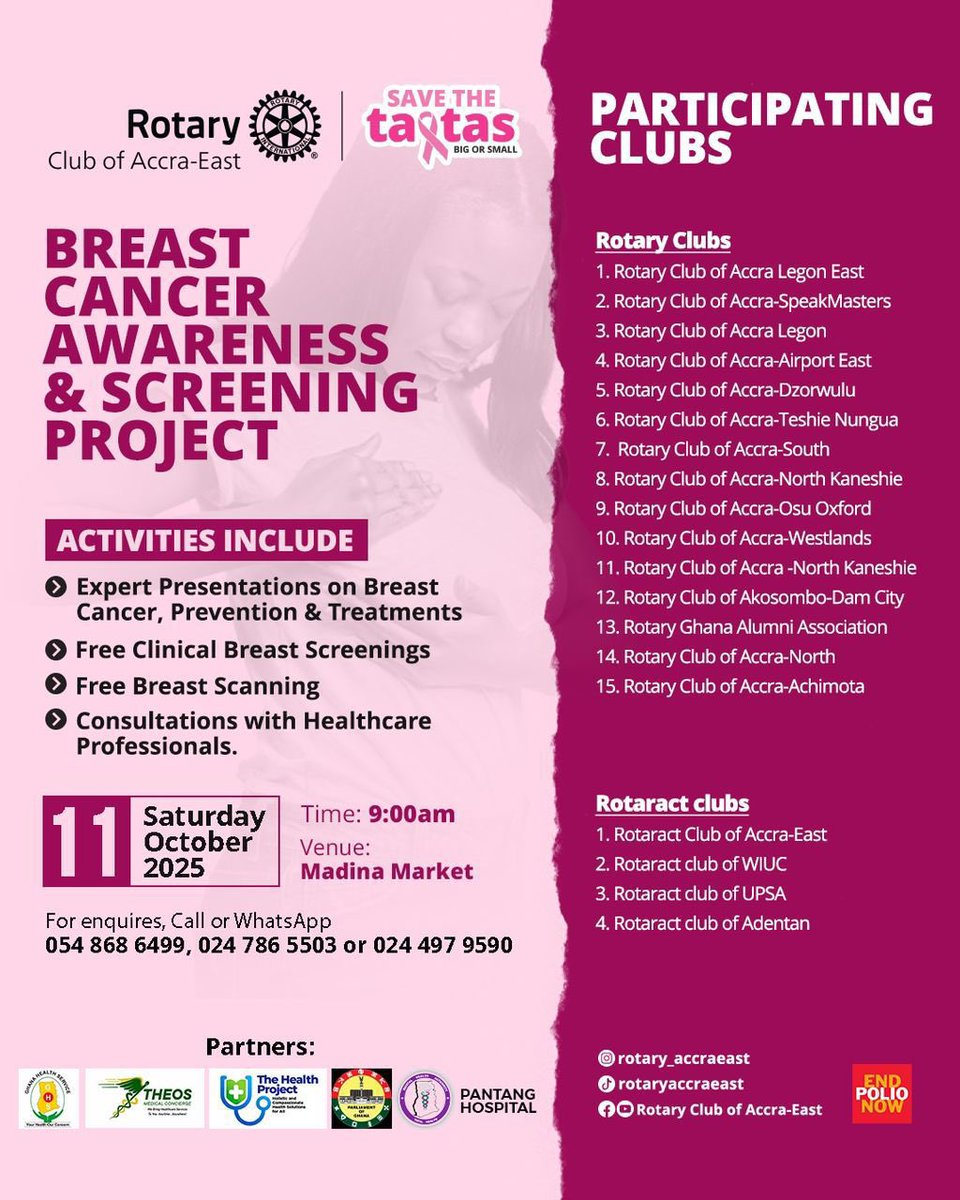 accra_east's tweet photo. 🎀 💪🏽Join us for the Breast Cancer Awareness &amp; Screening Project — spreading hope, early detection, and care for all. 💖

📅 Sat, 11th Oct 2025
📍 Madina Market Car Park 
🕘 9:00 a.m.

Together, we serve — because every life counts. 🌸

#SaveTheTatas #RotaryAccraEast https://t.co/fA1t49g9yV
