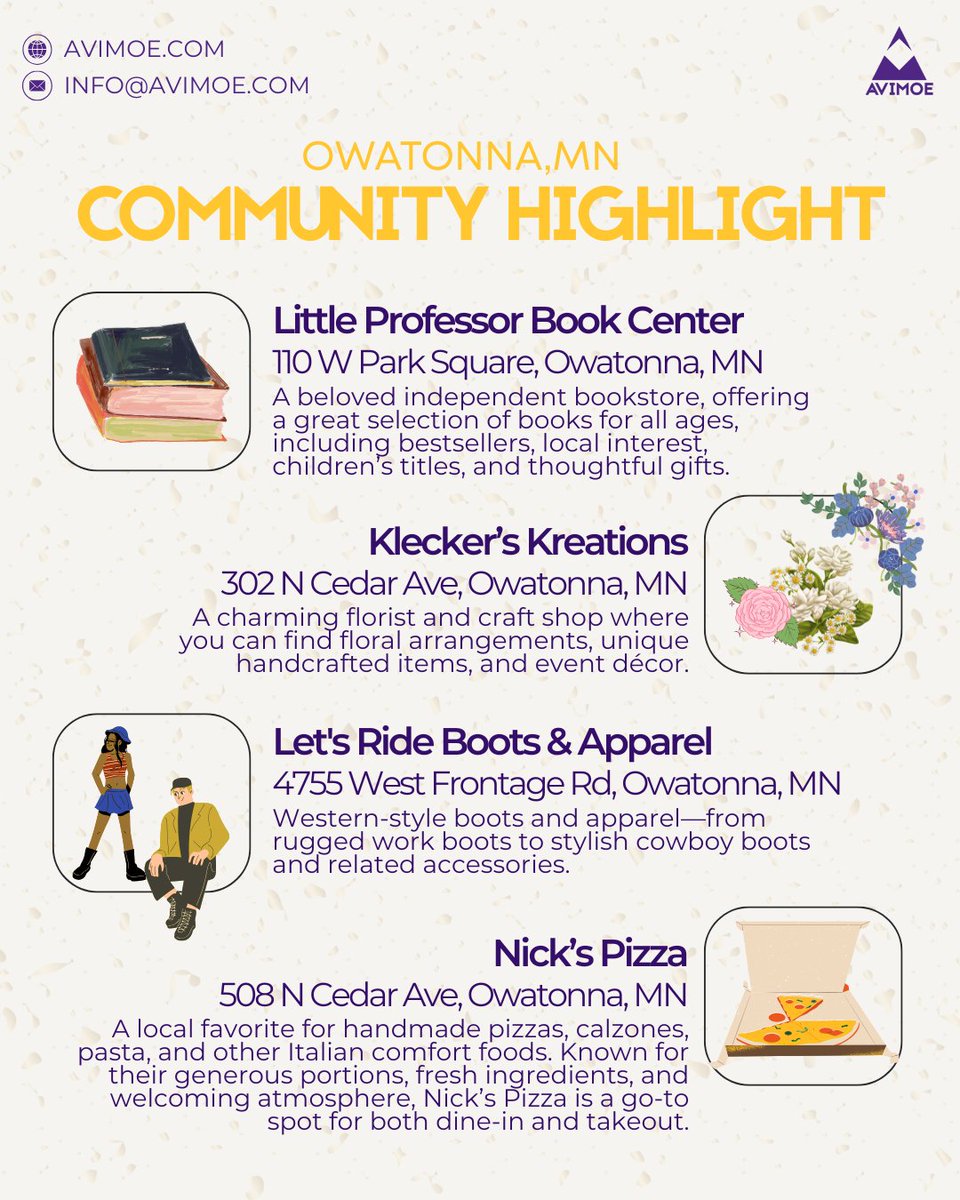avimoe_wc's tweet image. Every community has its heart, these businesses are more than just shops—they’re part of what makes Owatonna feel like home. 💜

#AvimoeCommunity #OwatonnaMN #SupportLocalBusiness #LocalFavorites #CommunityMatters #OwatonnaLife #FallInMinnesota #ExploreMinnesota #ShopSmall