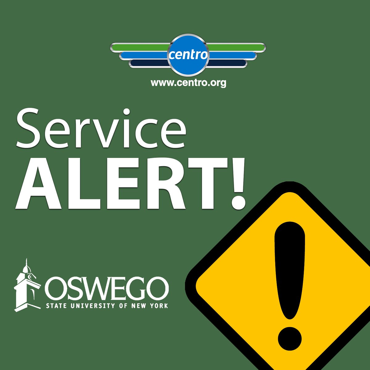 GoCentroBus's tweet image. SERVICE ALERT: The Osw10 Blue Route &amp;amp; Osw11 Green Route will not be in service from Thursday, October 9th through Saturday, October 11th. For more information, please visit centro.org/routes-schedul… #GoCentroBus #sunyoswego @sunyoswego