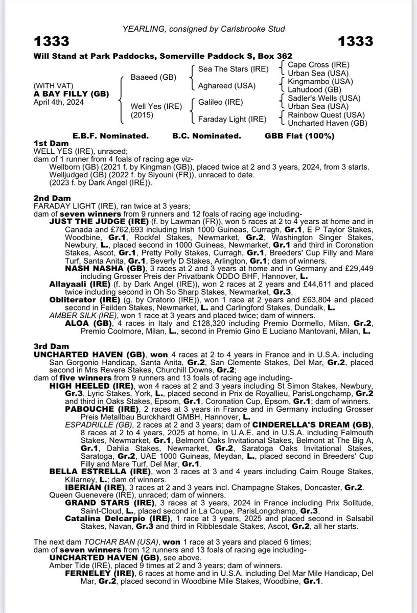 Lot 1333 <a href="/Tattersalls1766/">Tattersalls</a> Book 2 is a filly by <a href="/Shadwell_EU/">SHADWELL</a> Baaeed ex Well Yes, a Galileo half sister to Just The Judge. Her 2yo by Siyouni was an eye catching 2nd on her 1st start for <a href="/rogervarian/">Roger Varian</a> &amp; runs on Monday. From the family of Nash Nasha, Cinderellas Dream &amp; Venetian Lace