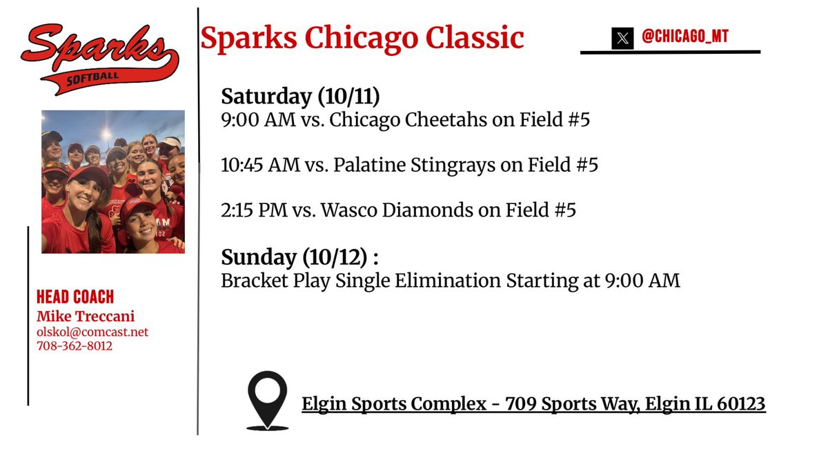 Schedule for #SparksChicagoClassic is set. Already looking forward to another weekend of #FallBall with my team! 
#Uncommitted #SoftballRecruit #2026Grad #NCSASoftball <a href="/chicago_mt/">Sparks Gold 18u Treccani</a> <a href="/NCSACoachDaily/">Jess Daily</a> <a href="/Coach_E_Hess/">Ericka</a>