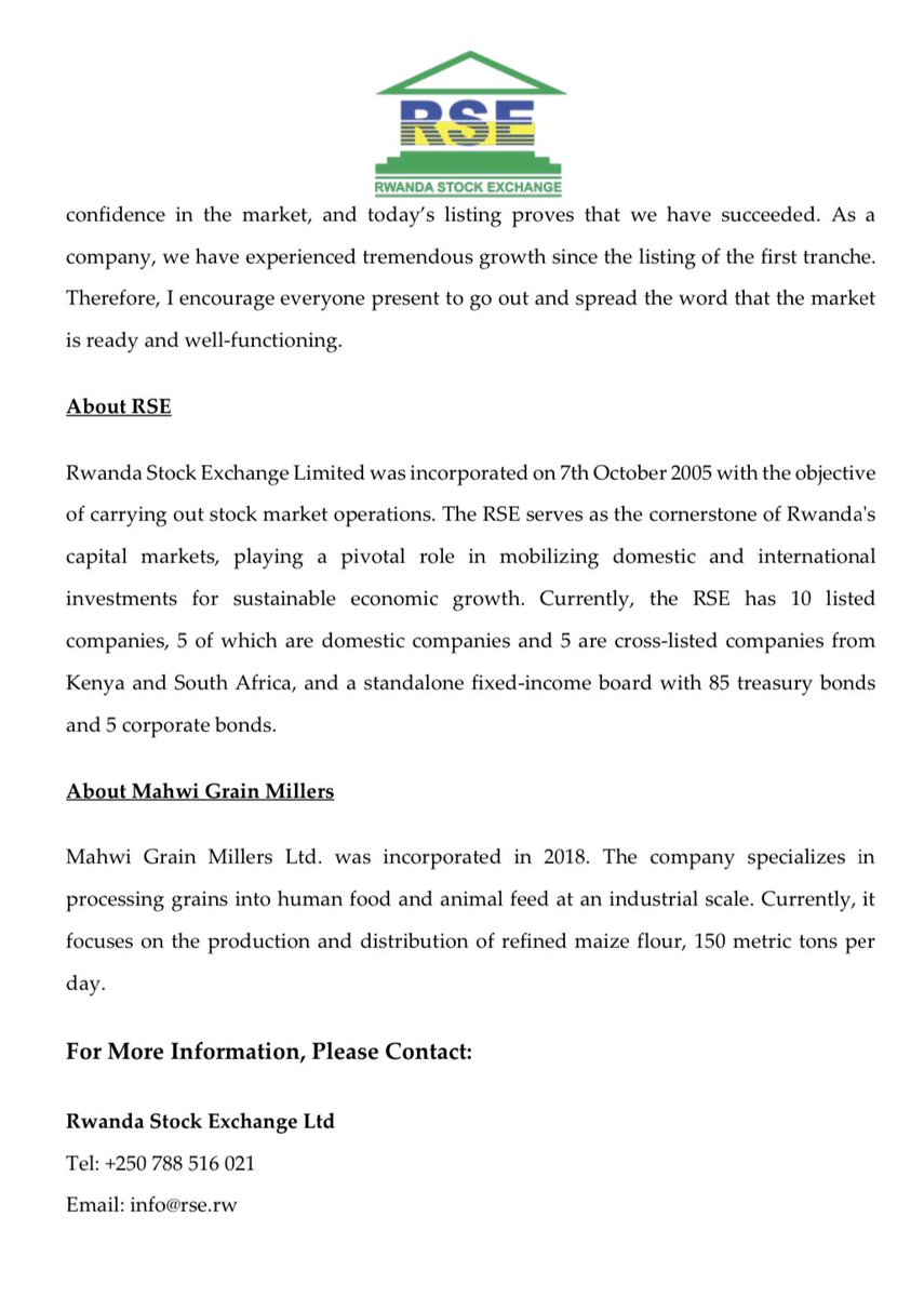 For Immediate Release: Mahwi Grain Millers( <a href="/MahwiFoods/">Mahwi Foods</a>)  Second Tranche Bond Listing on Rwanda Stock Exchange.