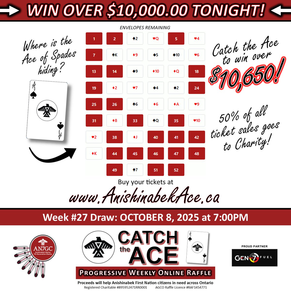 AN7GC's tweet image. TONIGHT... our Week #27 draw takes place... will YOU be our next WINNER?! Buy your Catch the Ace tickets before 7:00pm at AnishinabekAce.ca for a chance to WIN over $10,000.00!