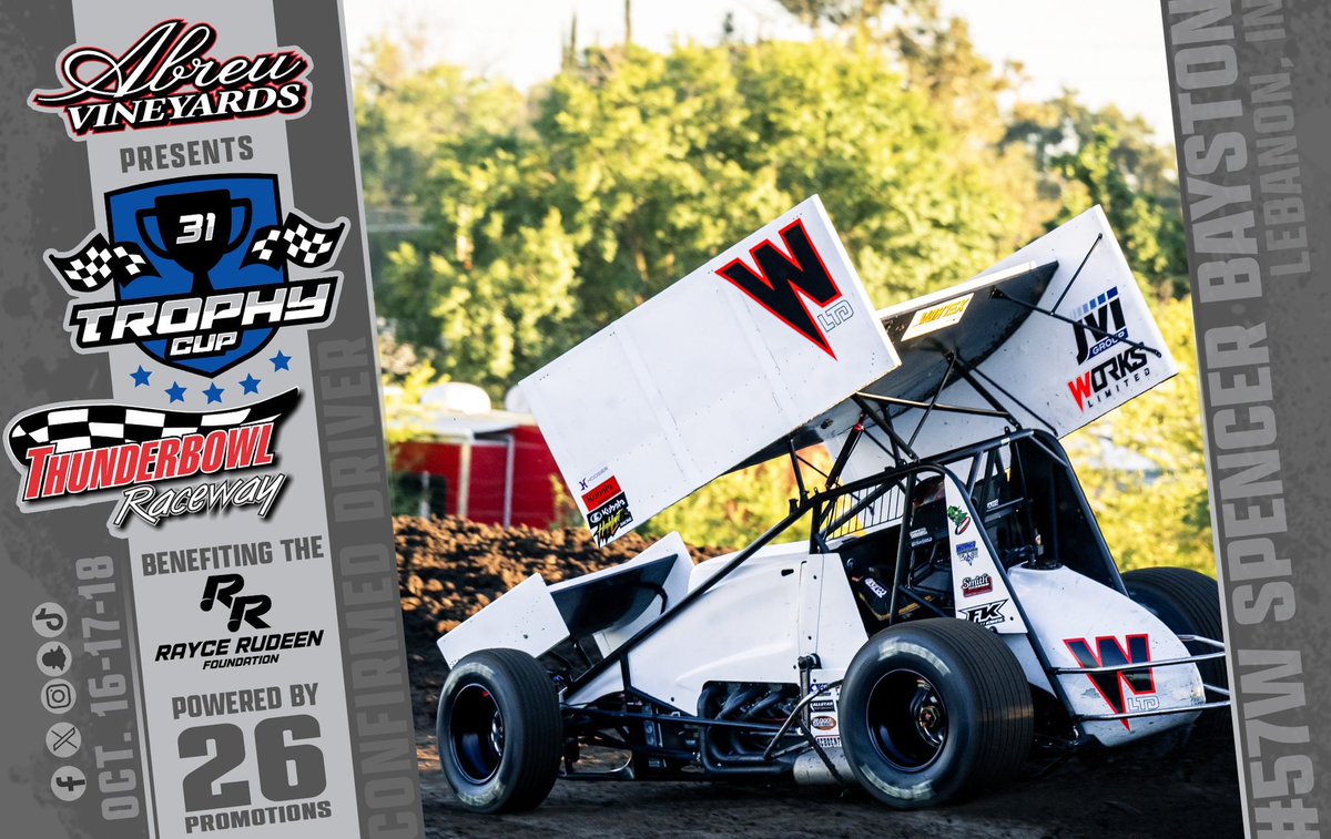 tularetrophycup's tweet photo. CONFIRMED DRIVER
#57W SPENCER BAYSTON
LEBANON, IN
TROPHY CUP 31
OCTOBER 16-17-18
Abreu Vineyards presents #TrophyCup at @TulareTbowl - benefiting the @RayceRudeenFdn - Powered by 26 Promotions.
LIVE๐บon @FloRacing
Ticket information on
https://t.co/a9XcVS0i7t
Photo: Petersen Media