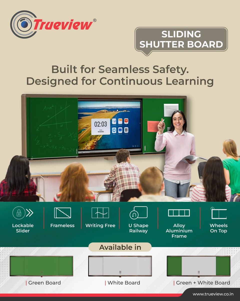 Trueview_India's tweet image. Where innovation meets education!✨

Our Sliding Shutter Board blends traditional writing with digital display for smarter, safer, and smoother learning.
Lock. Slide. Teach. Repeat.⭐
#Trueview #SmartClassroom #EdTech #DigitalLearning #ModernEducation