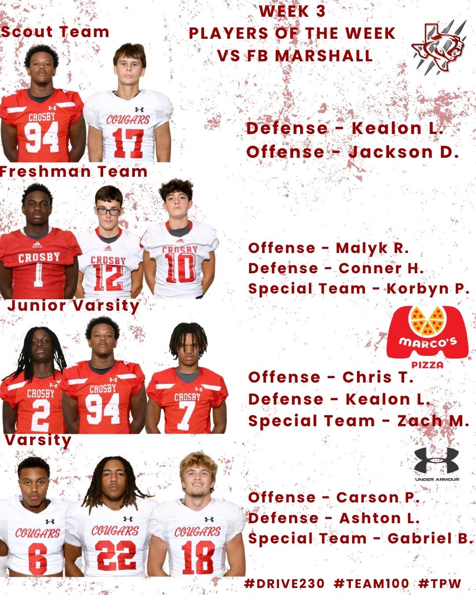 Crosby_CougarFB's tweet photo. Midseason check-in! 🚨
Our Players of the Week have been making noise all year big plays, leadership, and relentless effort! 
Here’s a recap from week 3, week 4 and week 5! 
#Team100 #DRiVE230 #TPW https://t.co/9aXENV7tBG