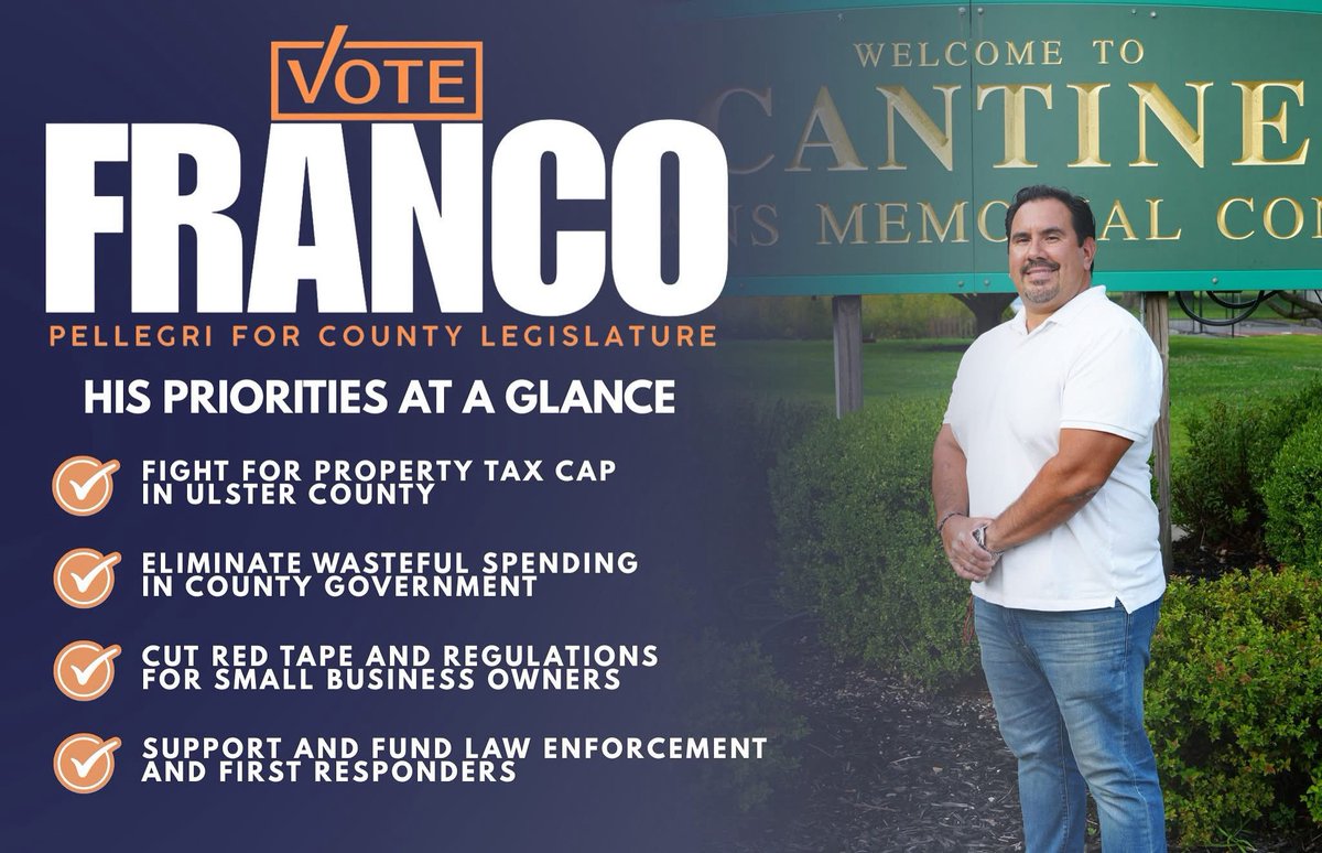 GOPSaugerties's tweet image. Fighting for taxpayers, small businesses &amp;amp; safe communities - that’s what Franco stands for.

✅ Property Tax Cap
✅ End wasteful spending
✅ Cut red tape for small biz
✅ Support law enforcement &amp;amp; first responders

🗳️ Vote Franco Pellegri for Legislator, District 1 - Nov. 4!