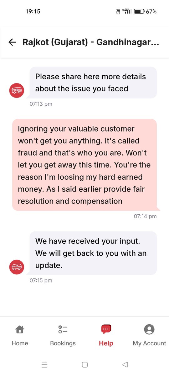 jayu_b007's tweet photo. @redBus_in 
I've been asking for fair compensation since last 20 days due to cancellation of bus twice by d same bus operator. Due to it I've lost around 2000/-  nd yet u're ignoring me nor responding to my complaint for 10-15 days. It's a shame. Very disappointed 😔 https://t.co/Iijy0F972r