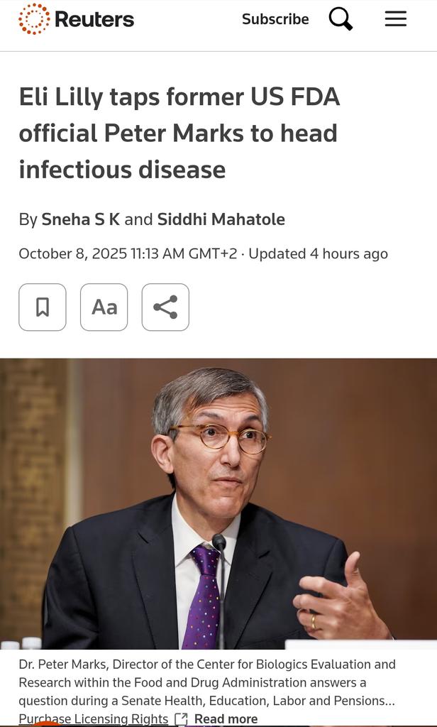 Peter Marks, la cara visible de la FDA en todo lo que tenía que ver con vacunas durante la Operación COVID, ficha por el gigante farmacéutico Eli Lilly. 
Por los servicios prestados, se entiende.