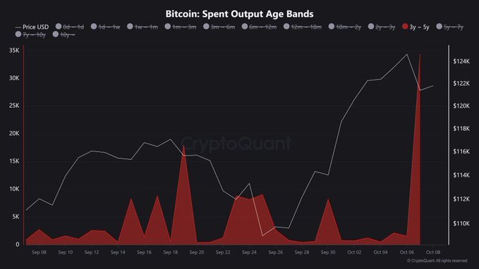 Dark-themed line chart titled Bitcoin: Spent Output Age Bands displaying price in USD on the y-axis from 0 to 30k and dates from mid-September to early October on the x-axis with multiple colored lines representing different age bands including a prominent red line spiking upward overlaid with CryptoQuant watermark and copyright notice at the bottom