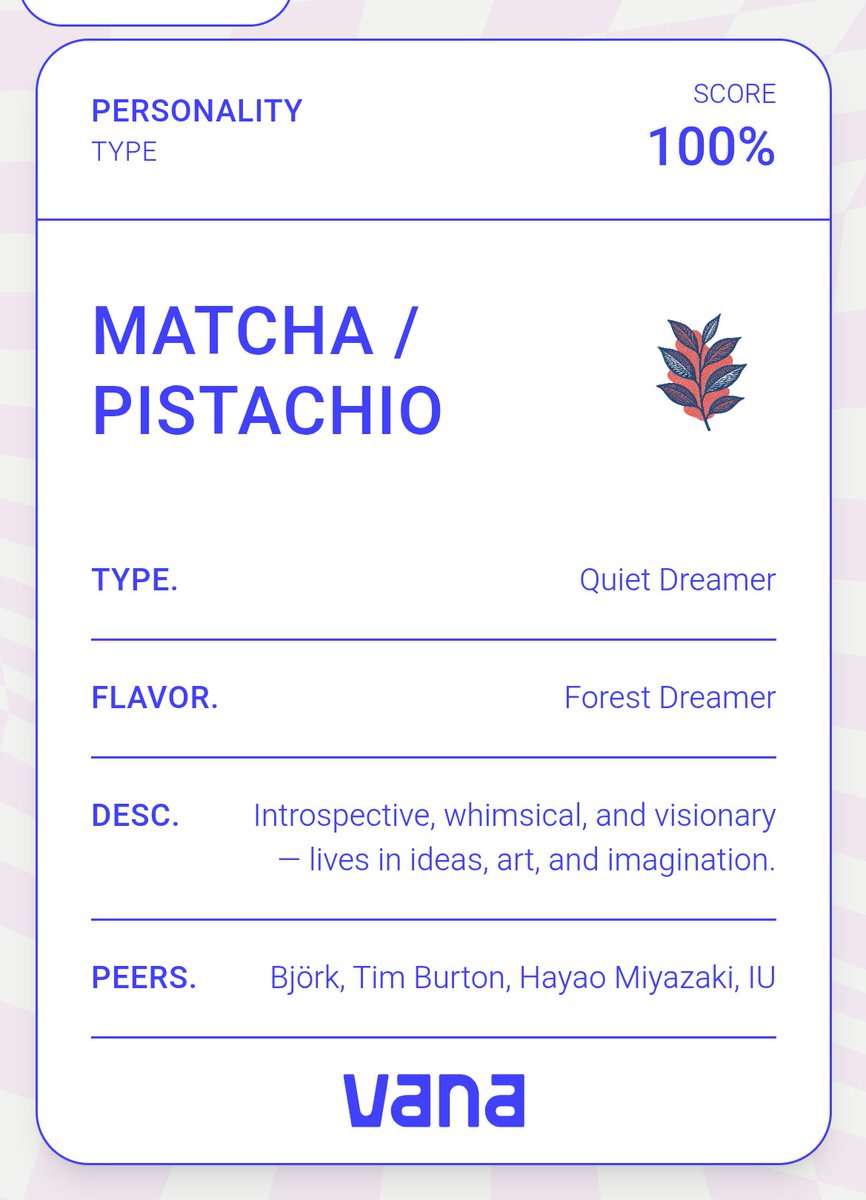 jack93017559's tweet photo. If I was an Ice Cream Flavour, I'd be Matcha / Pistachio, Introspective, whimsical, and visionary — lives in ideas, art, and imagination..
Taste your data: https://t.co/dzwnQ8kOLV #datarevolution , @vana https://t.co/7wg1azsI99