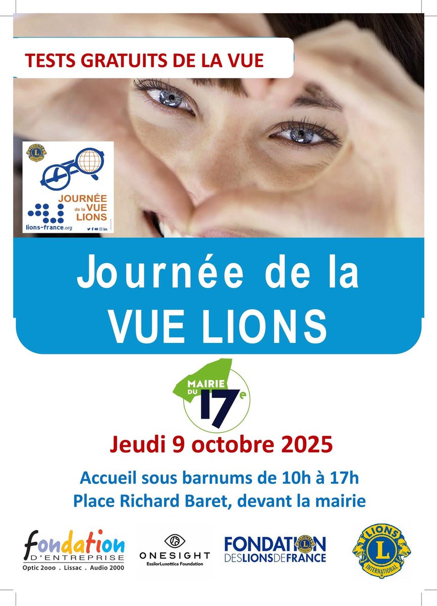👁️ Pour la  #JournéeMondialedelaVue en partenariat avec la <a href="/Mairie17/">Mairie du 17e</a> le #LionsClub vous offre gratuitement un test de vérification de votre vue
📅 Jeudi 9 octobre 
🕙10h - 17h 
🏢 Place Richard Baret
Cc.: <a href="/geoffroyboulard/">Geoffroy Boulard</a> <a href="/Alix_Bougeret/">Alix Bougeret</a> <a href="/GuerrePhil/">Philippe Guerre</a> <a href="/Pflogereau/">Pierre-François Logereau</a>