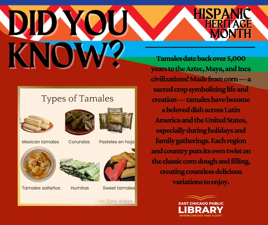 ECPublicLibrary's tweet image. Did You Know? 🌽 Tamales date back over 5,000 years to the Aztec, Maya, and Inca civilizations! Made from corn — a sacred crop symbolizing life and creation — tamales are a delicious tradition with each country adding its own unique twist.
🌽What’s your favorite kind of tamale?🌽