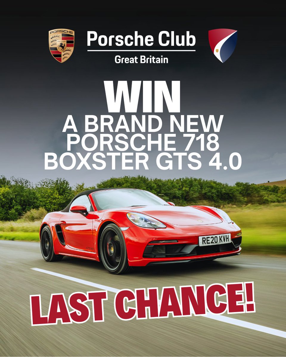 ⏰ Last chance! ⏰ 

With our #Porsche Boxster #Prize Draw closing at midnight next Wednesday, time is running out to enter! 

Get your tickets now 👉 porscheclubgb.com/prize-draw

Every additional ticket gives you an extra chance!

[Full terms and conditions on our website]