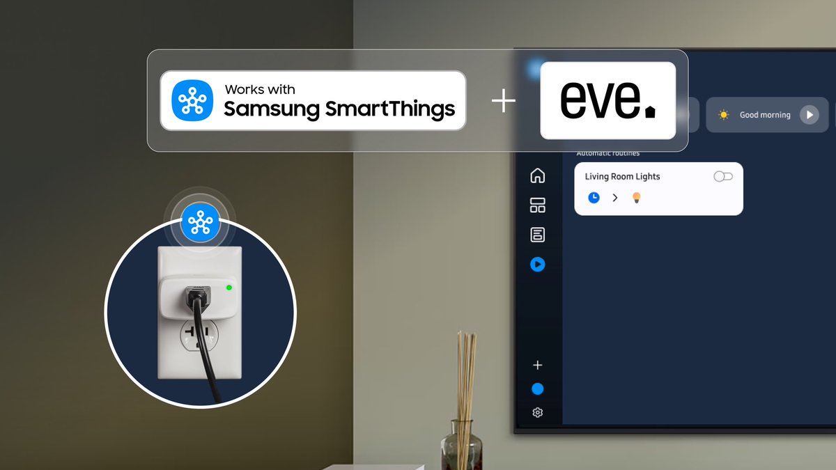 smartthings's tweet image. Tired of kids leaving the TV &amp;amp; game console running? Plug their devices into @meeteve Eve Energy Smart Plugs &amp;amp; connect with the latest @SamsungUS TV&apos;s Built-in SmartThings Hub. Use #SmartThings Energy in the app to track usage &amp;amp; set routines to shut everything off when you leave.