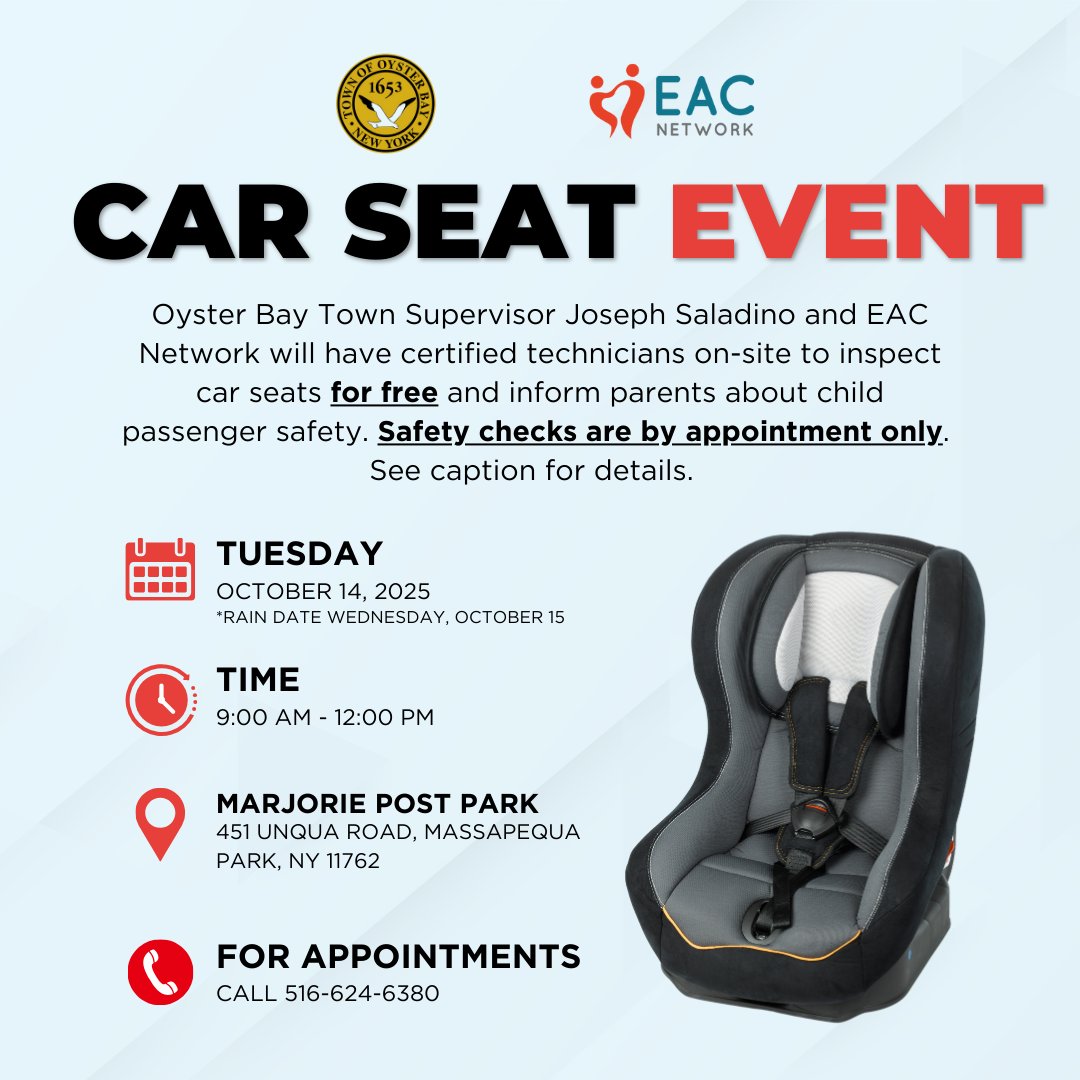 On October 14th, 2025, EAC Network is teaming up with Oyster Bay Town Supervisor Joseph Saladino for a free car seat inspection and installation event as part of our Safe Start program.

📞 Appointments are required. Call 516-624-6380. 

Learn more at hubs.ly/Q03Lgjxs0