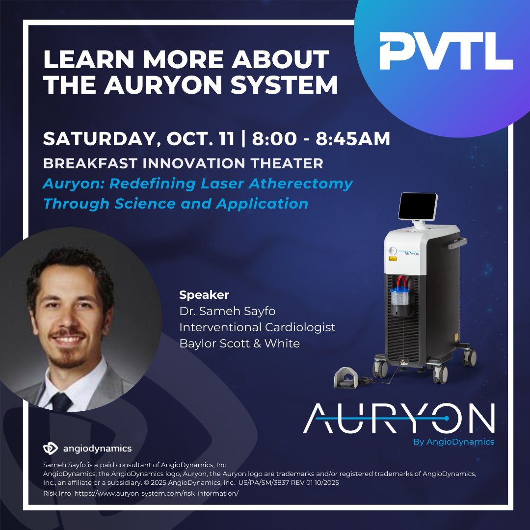 AngioDynamicsCV's tweet image. We’re excited to announce that Dr. Sameh Sayfo from @bswhealth will be presenting at the Peripheral Vascular Trainee Lab (PVTL) in Chicago on October 11. 

The Auryon System ▶️ bit.ly/47aRiYV 

#PAD #AuryonSystem #PVTL
Risk Info: bit.ly/3IOQLC2
