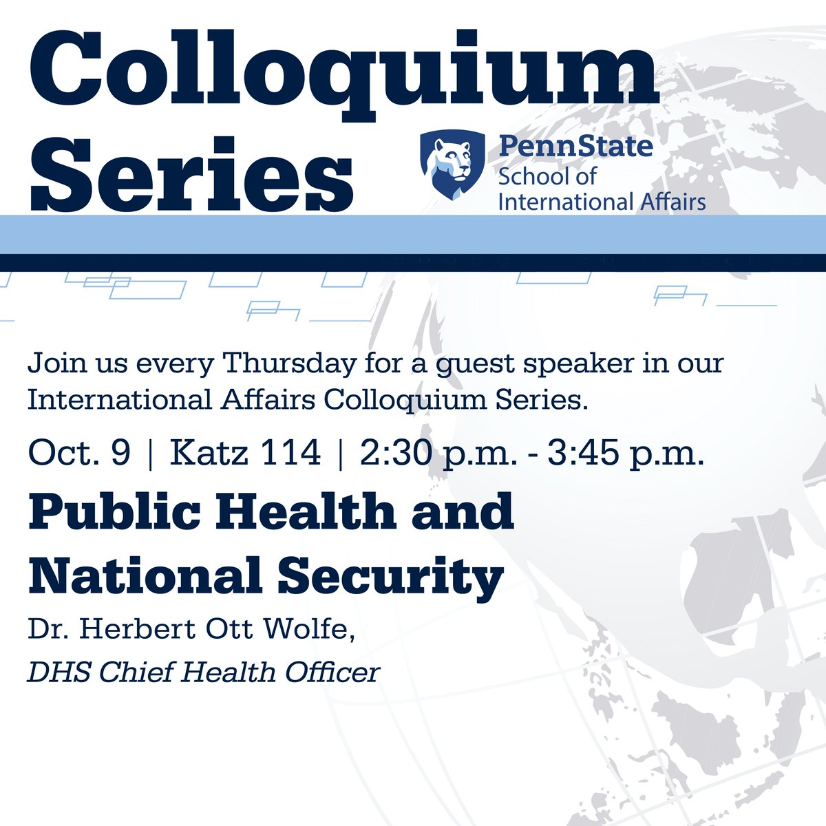 Be sure to participate in tomorrow's discussion on Public Health and National Security, which is part of the #PennStateSIA Colloquium Series. See you in Katz 114! #WeAre