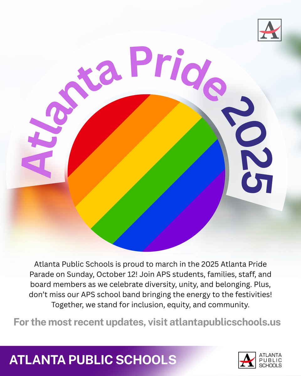 apsupdate's tweet photo. Atlanta Public Schools is proud to march in the 2025 Atlanta Pride Parade on Sunday, October 12! 🌈🎉 Join APS students, families, staff, and board members as we celebrate diversity, unity, and belonging. Plus, don’t miss our APS school band bringing the energy to the festivities! Together, we stand for inclusion, equity, and community. #APSPride #AtlantaPride2025 #AtlantaPublicSchools