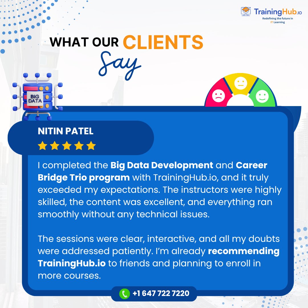 TrainingHubCAN's tweet image. 🌟 Student Success Spotlight by Nitin Patel.

TrainingHub’s Big Data Development &amp;amp; Career Bridge Trio program was beyond my expectations! 

#StudentTestimonials #BigData #CareerBridgeTrio #Cloud&amp;amp;Data #DataAnalytics #SuccessStories #Certification #ITtrainingincanada #TrainingHub