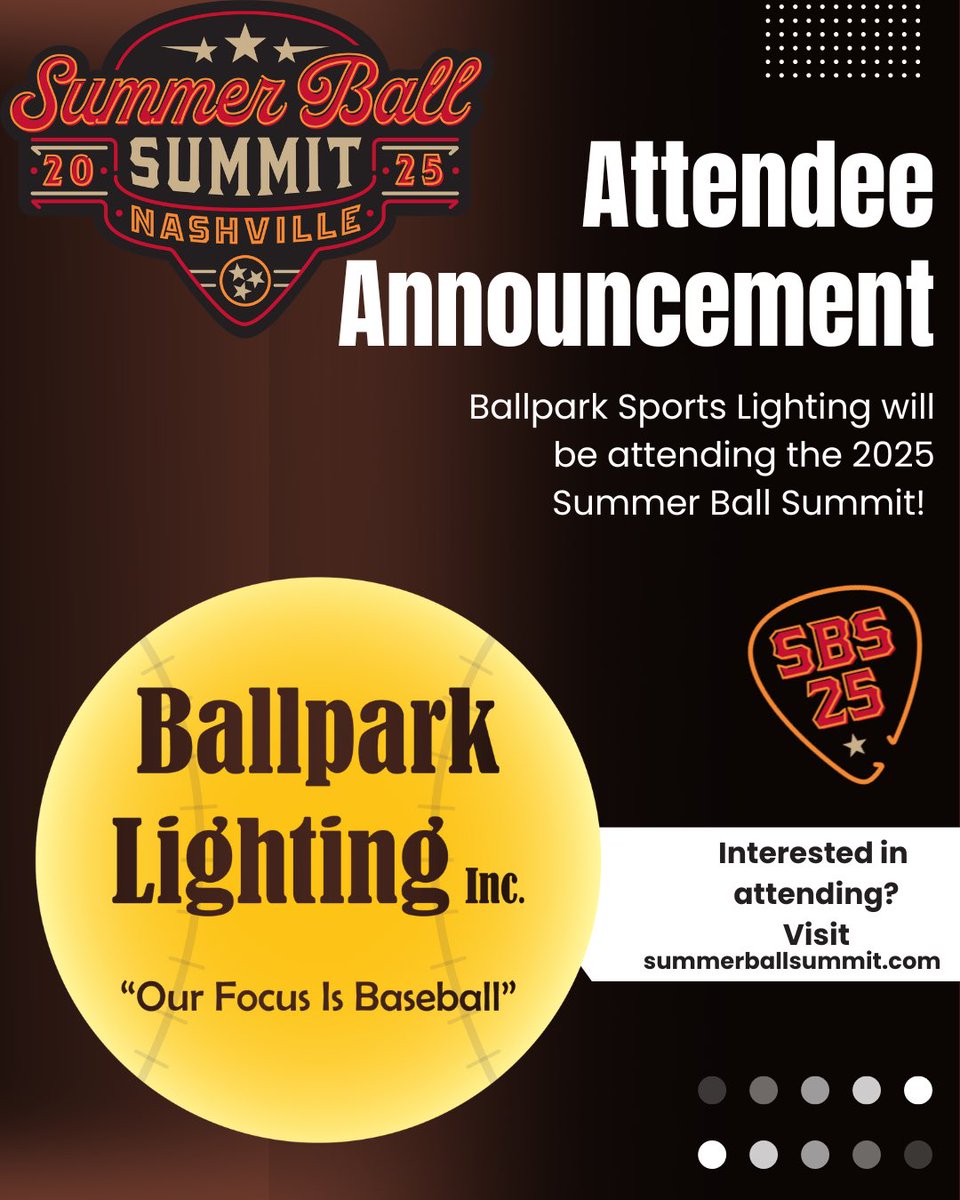 TheSummerSummit's tweet photo. Welcome Ballpark Lighting Inc. to the 2025 Summer Ball Summit
presented by @TicketReturn 

#summerballsummit
#musiccity25 https://t.co/YDYSjOf3Aq