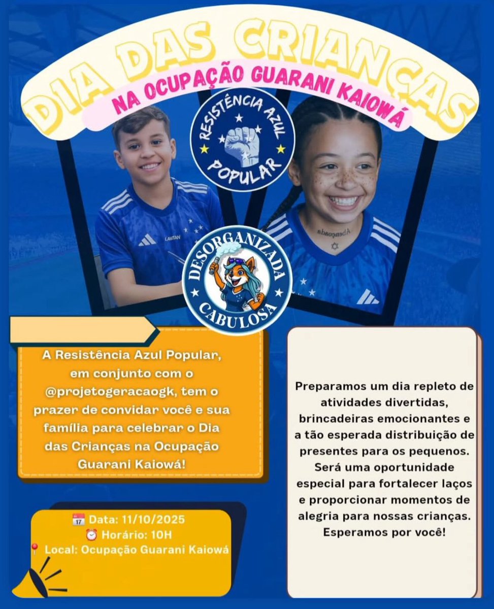 Resistência Azul Popular (@rap_cruzeiro) on Twitter photo Contribua com a ação social de dia das crianças na Ocupação Guarani Kaiowá. Vamos deixar a comunidade lotada de crianças com a camisa antifa do Cruzeiro!
Pix: resistenciaazulpopular@gmail.com Contribua com a ação social de dia das crianças na Ocupação Guarani Kaiowá. Vamos deixar a comunidade lotada de crianças com a camisa antifa do Cruzeiro!
Pix: resistenciaazulpopular@gmail.com