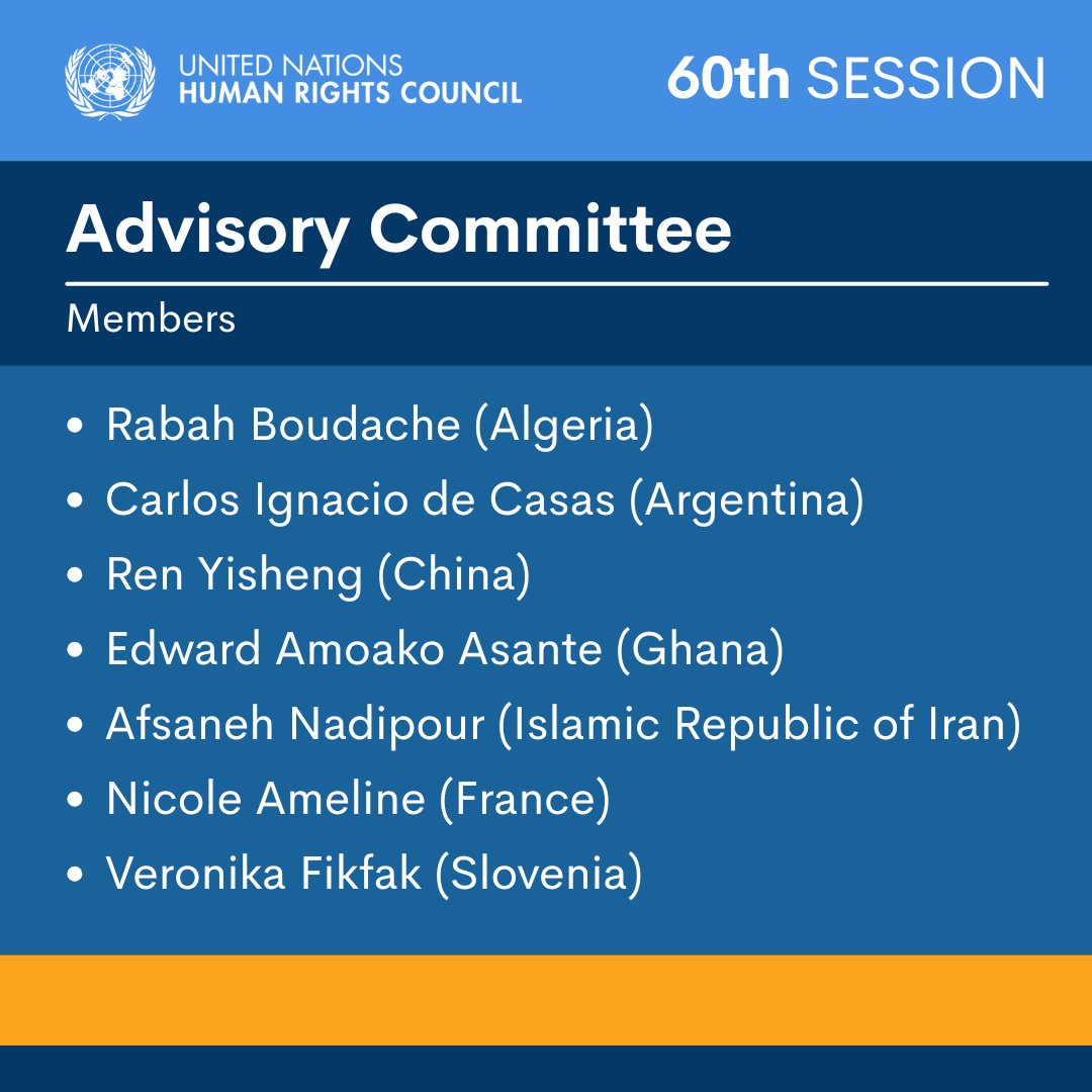 #HRC60 | The <a href="/UN/">United Nations</a> Human Rights Council has elected 7 experts to its Advisory Committee.

More information on the Committee which serves as the Council’s “think tank” ▶  bit.ly/3eatzzb