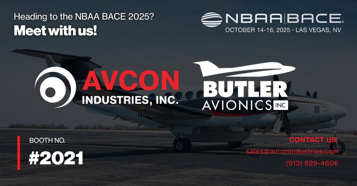 AvconIndustries's tweet photo. ✈️ Join Us at NBAA BACE 2025 in Las Vegas!

Avcon Industries and Butler Avionics will be exhibiting October 14–16 at the NBAA Business Aviation Convention & Exhibition (Booth #2021). Please let us know if there’s a special time you’d like to meet or stop by during exhibition hours

📧 sales@avconindustries.com
📞 (913) 829-4606

#NBAA2025 #BACE #BusinessAviation #AvconIndustries #ButlerAvionics $BUKS