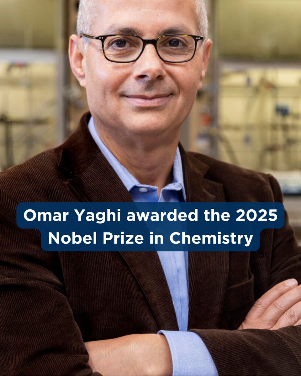 We are thrilled to announce that Professor Omar Yaghi was awarded the 2025 Nobel Prize in Chemistry today! Yaghi first synthesized a new class of porous materials that holds enormous promise for many applications. <a href="/UCBerkeley/">UC Berkeley</a> <a href="/NobelPrize/">The Nobel Prize</a> bit.ly/48VwG7P