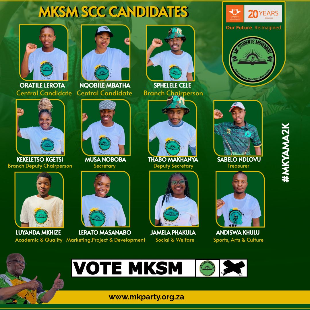 MkhontoweSizwex's tweet photo. The MK Students Movement (MKSM) candidates at the University of Johannesburg are calling on students to support them in the SCC and DFC SRC elections, taking place from today until 10 October.
#MKSM #UJ #UKZN #SRCelections #VoteMKSM #YouthLeadership #Transformation #GwazaMkhontoGwaza