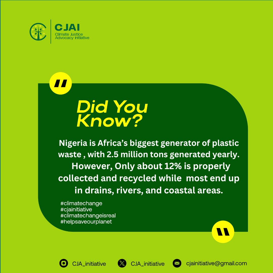 Nigeria produces an estimated 2.5 million tons of plastic waste every year, but only 12% is recycled.
The rest ends up clogging our drains, rivers and coastlines  fueling floods and marine pollution.
We must adopt proper waste management and recycling  to protect our environment.