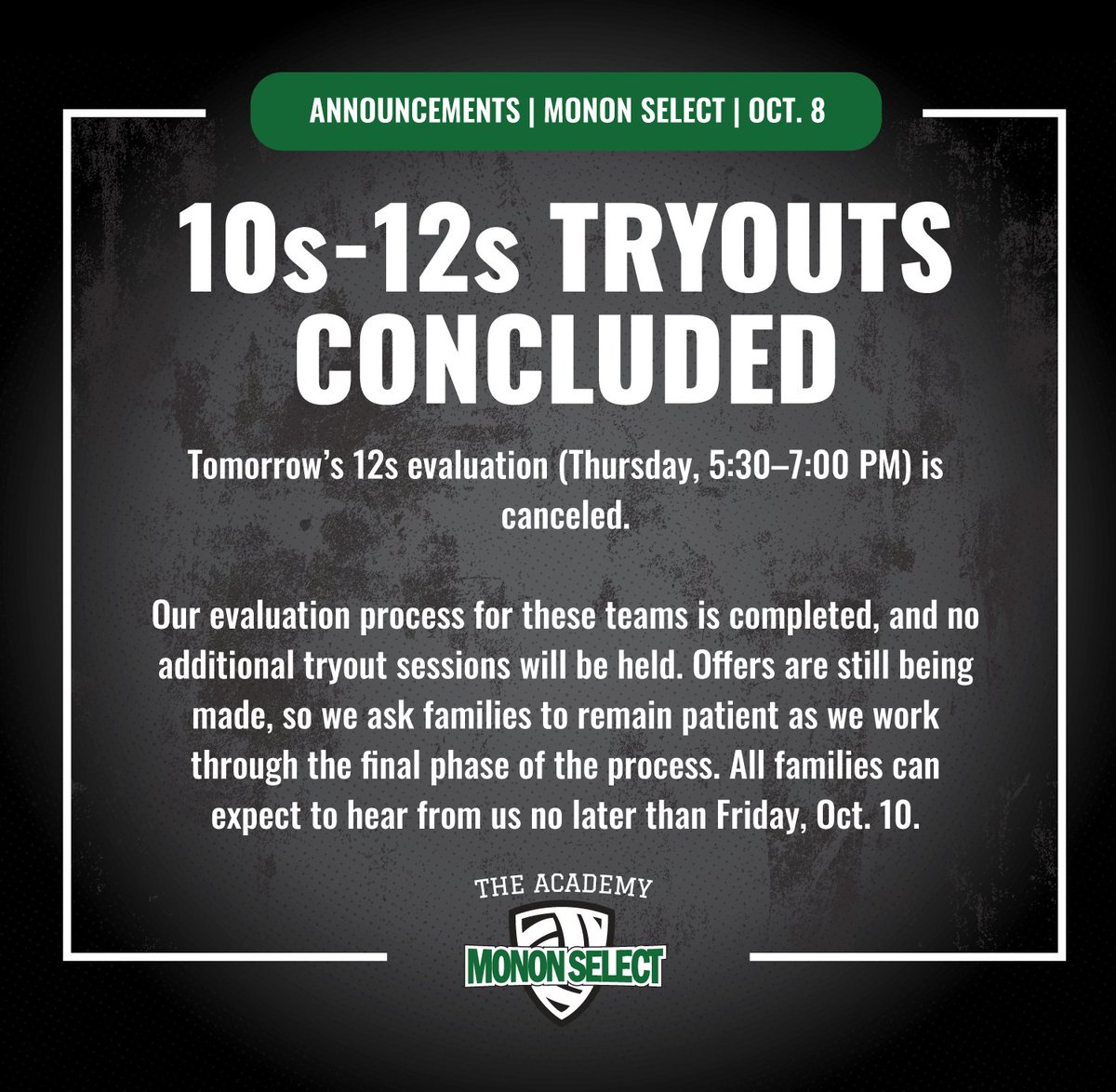 That’s a wrap on 10–12s evaluations!

Tomorrow’s 12s evaluation (Thursday, 5:30–7:00 PM) is canceled.

Offer calls are in progress, and all placements will be shared by 5 PM Friday!

We can’t wait to kick off the season!