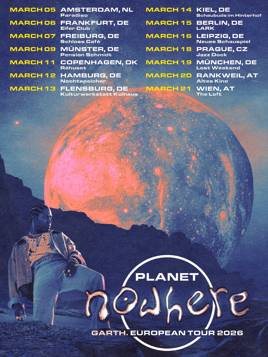 TweetGMT's tweet image. 🛸PLANET NOWHERE EURO TOUR 2026 ☄️— We’re baaaaaack! I’m so excited to bring a brand new show to Europe in March 2026. Tickets available now 🎫— check the tour dates below, mark your calendars 🗓️ and let me know in the comments where we’ll be seeing you!🙏🏾 garthofficial.com/shows